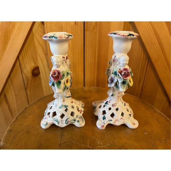 Antique Candle Holders Capodimonte Style Cherubs Made In Italy Hand Painted READ - Picture 2 of 16
